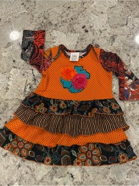 Bright Orange Floral Ruffle Girls' Casual Dress with Appliqué